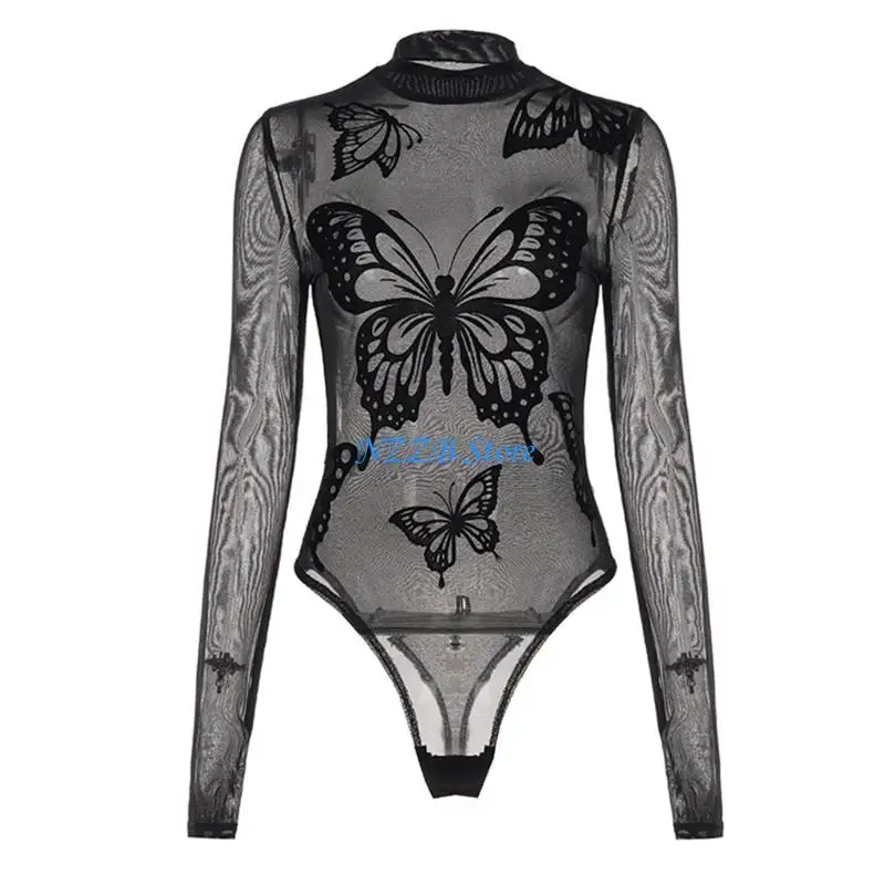 بدلة نسائية T21F على شكل فراشة شفافة من خلال شبكة بأكمام طويلة ورقبة وهمية