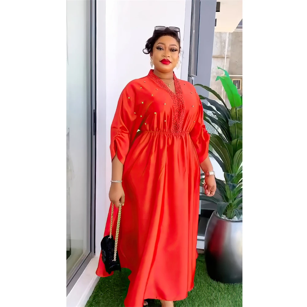 

African Plus Size Dresse for Women 2024 Autumn African Long Sleeve V-neck Red Green White Rose Red Maxi Dress African Clothing