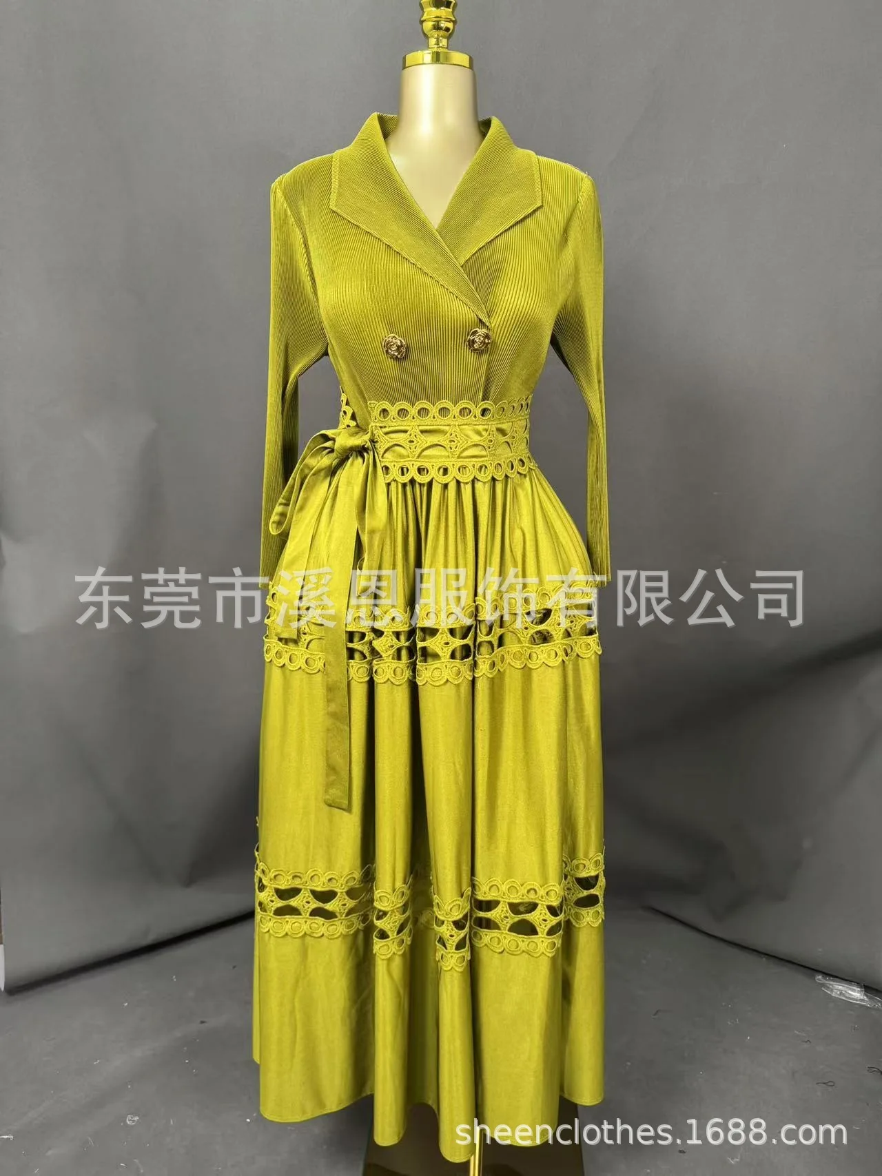 Miayke فساتين نسائية جديدة ذات ثنيات وياقة بدلة أنيقة وأكمام طويلة مرقعة من الدانتيل بخصر مجوف فساتين طويلة للتخسيس #6