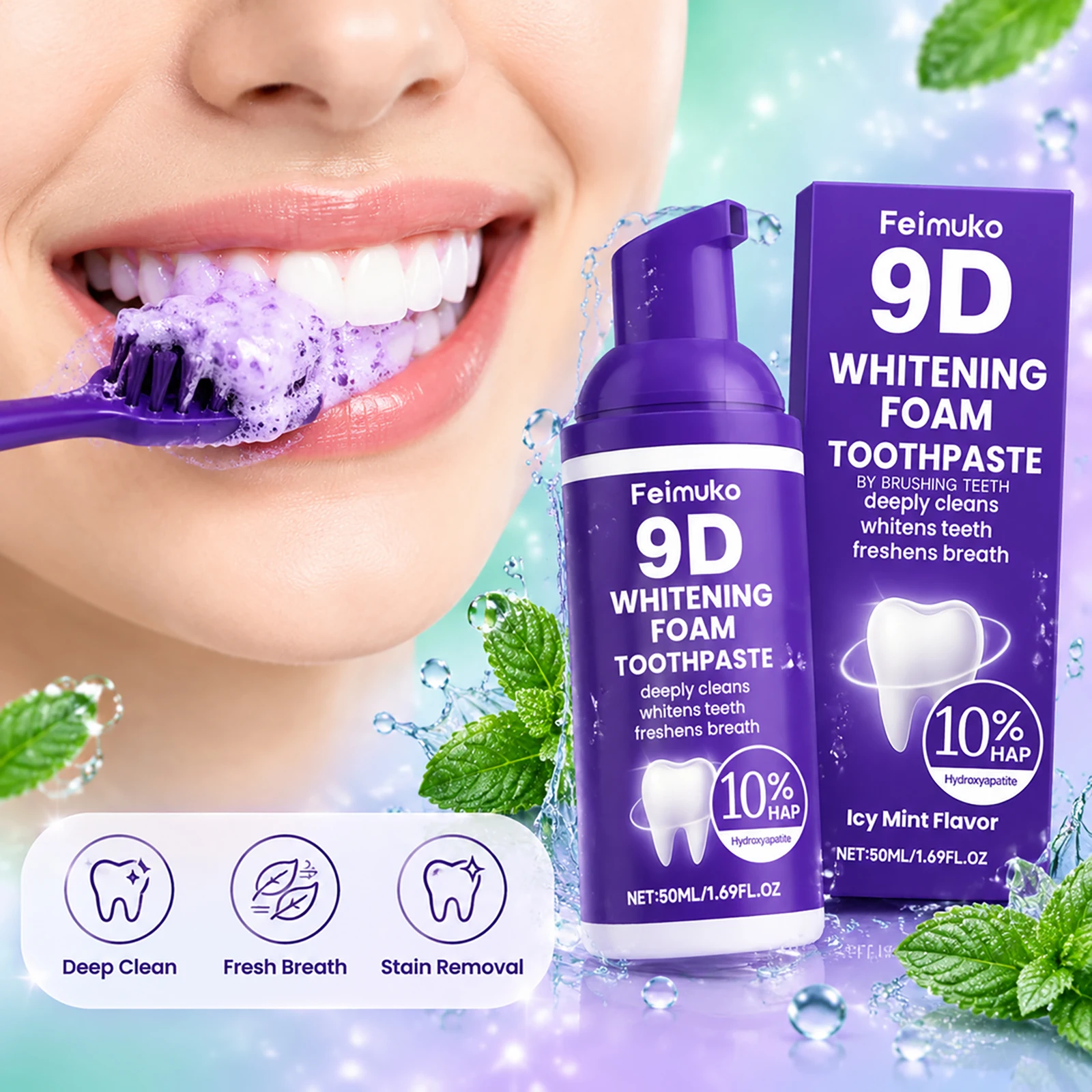 9D Purple Tooth Foam Toothpaste Mousse 10% Hydroxyapatite Fresh Breath Whitening Stain Removal Oral Care Travel Portable Mousse