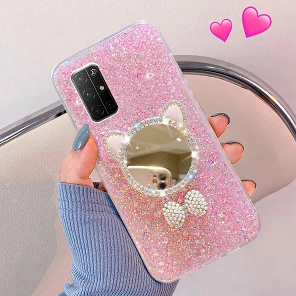 Make-up Spiegel Katze Ohr Telefon Fall Für Xiaomi Mi 11 Lite Xiaomi Redmi Hinweis 11 11S 10 9 Pro 9S 10X12C Fall Abdeckung Glitter Luxus