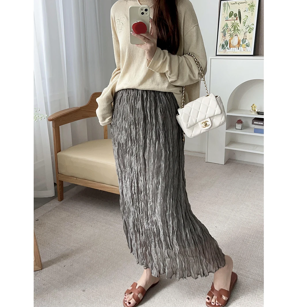 

Ele High Waist A-Line Skirt Selfwill Brand Polyester Fiber High Elastici Free Movement Irregular Pleats Metal Sensation...