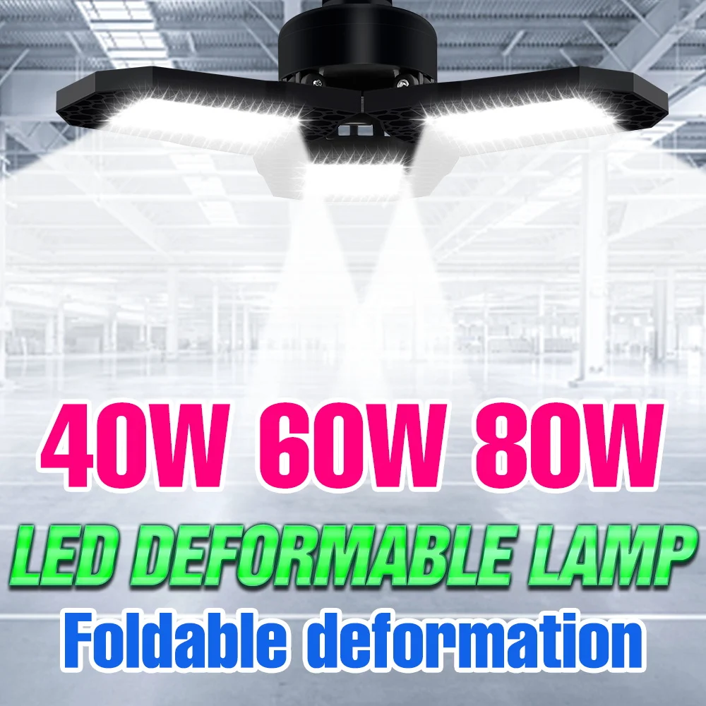80W Deformable LED Garage Light E26/E27 Ceiling Lamp Adjustable Panels Workshop Lamps Storehouse Parking Lot Large Area Lighting