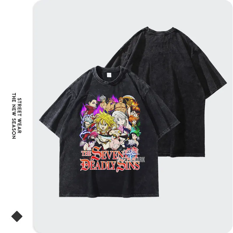 Anime The Seven Deadly Sins T-shirt Vintage Washed Oversized Meliodas Nanatsu no Taizai T Shirts Streetwear Manga Tops Tees Men