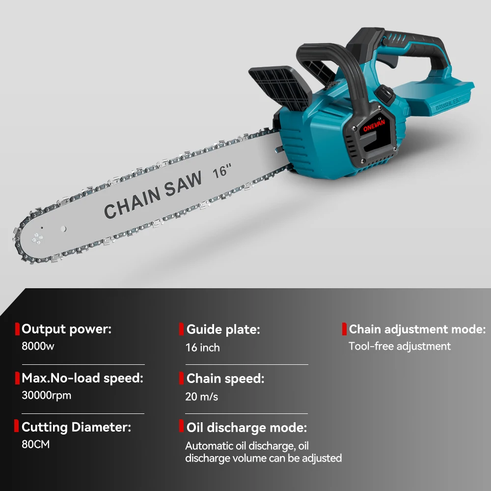 ONEVAN 80CM 16Inch Brushless Electric Chainsaw Automatic Oil Cordless Chain saw Woodworking Power Tools For Makita 18v Battery