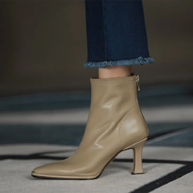 Sexy High Heel 7.5 CM Ankle Boots Modern Ladies Shoes Cowhide Winter Boots Back Zippers Elegant Women Shoes Square Toe