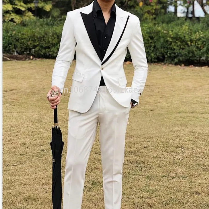 One Button Men Suits Ivory/Black Groom Tuxedos Peak Lapel Groomsmen 2 Pieces Set ( Jacket + Pants )