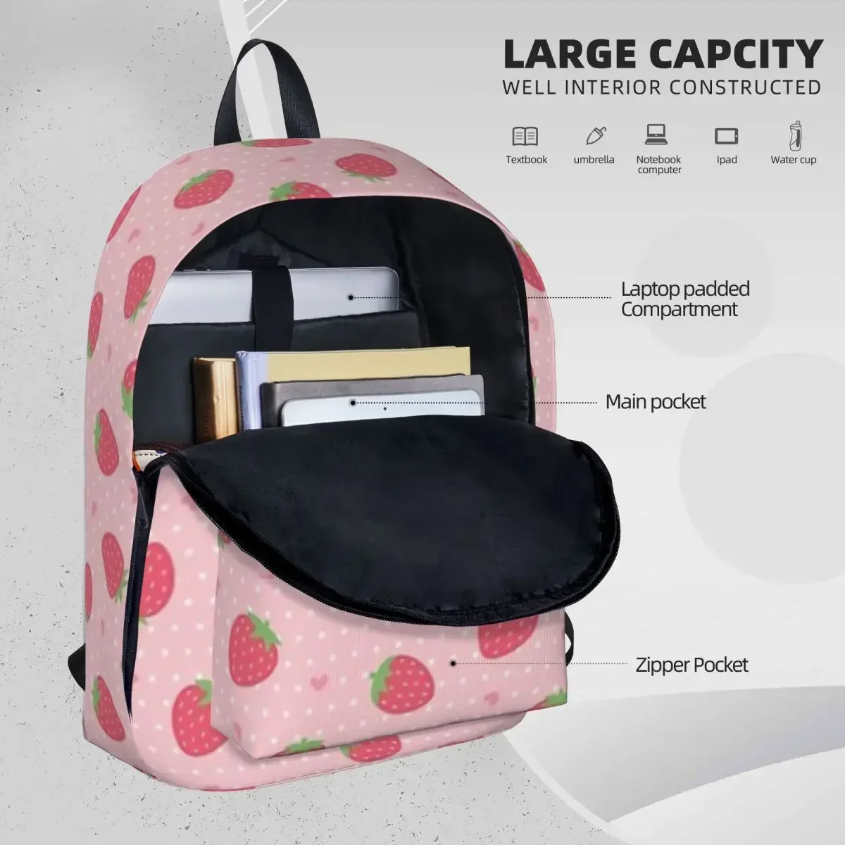 Mochilas de morango e corações para crianças, mochila escolar impermeável, mochila de viagem portátil para meninos e meninas, bolsa fofa para mulher