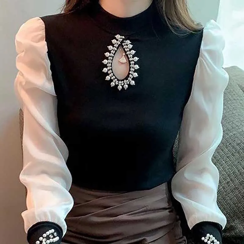 Elegant Stand Collar Spliced Hollow Out Beading Blouses Women Clothing 2024 Spring New Loose Office Lady Tops Puff Sleeve Shirts