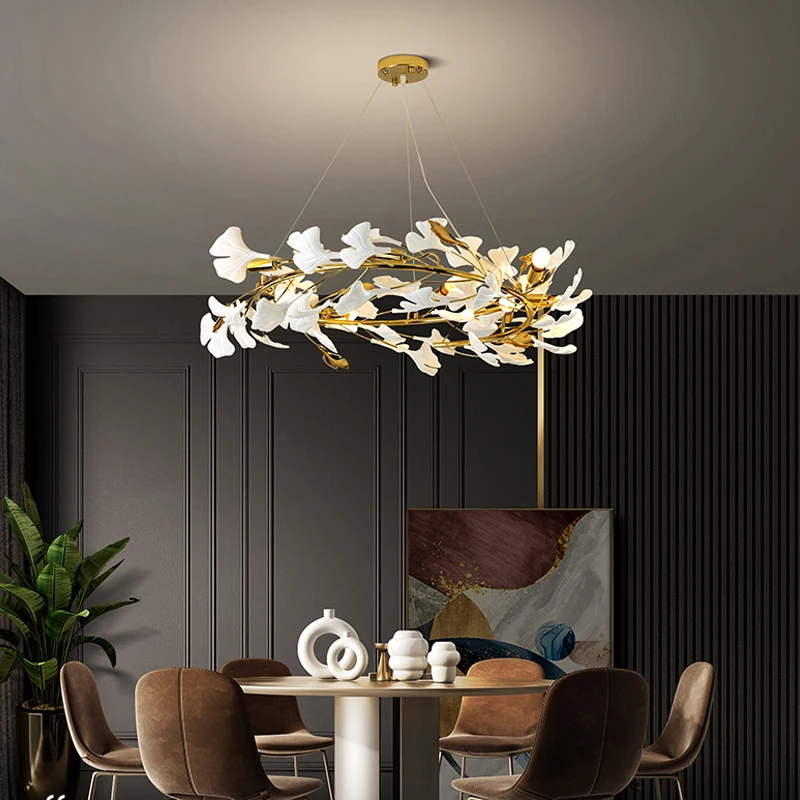 Modern LED Chandeliers for Living Room Ceramic Petals Pendant Hanging Lighting Fixtures Home Decor Gold Ring Design Lustre Lamp