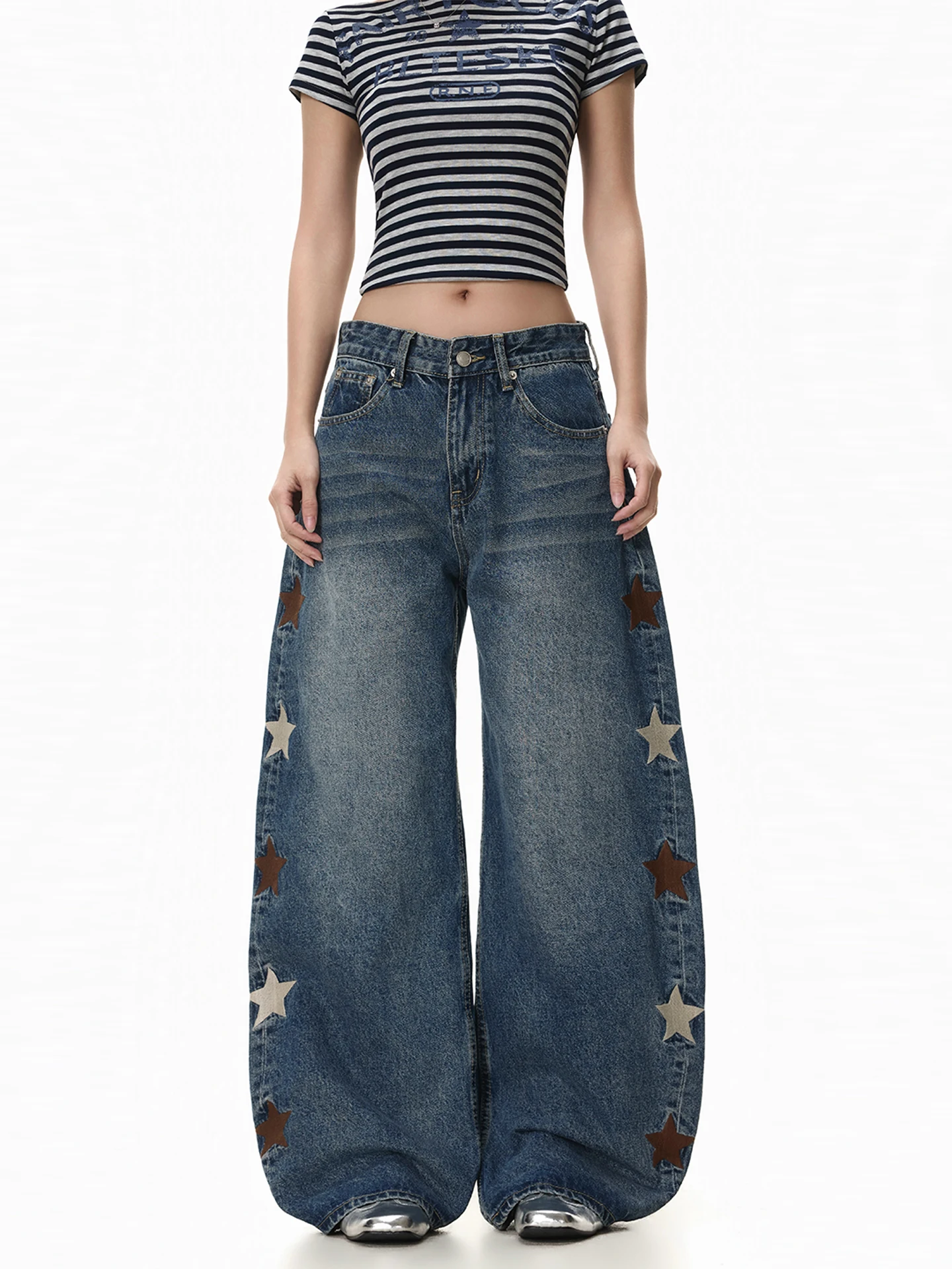 

Korean Style FreeMary Embroidered Star Wide Leg Jeans Loose Fit Casual Comfortable Denim Pants Vintage Style Natural Waist