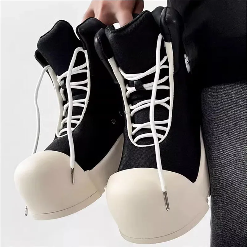 Chunky Heel  Boots For Men Breathable Round Toe Man Lace Up Black Canvas Boot