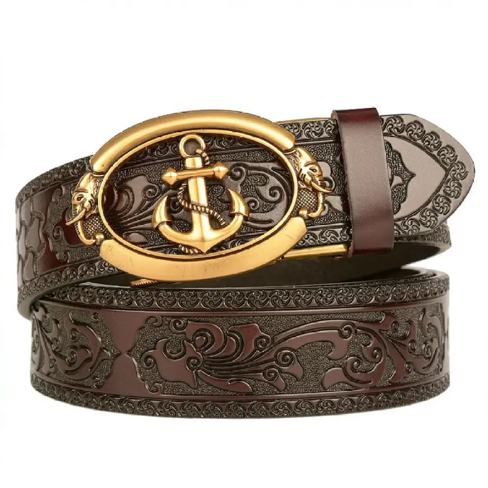 Classic Mens Leather Belt Anchor Automatic Buckle Vintage Carved Waistband Casual Ethnic Style Jeans Accessory
