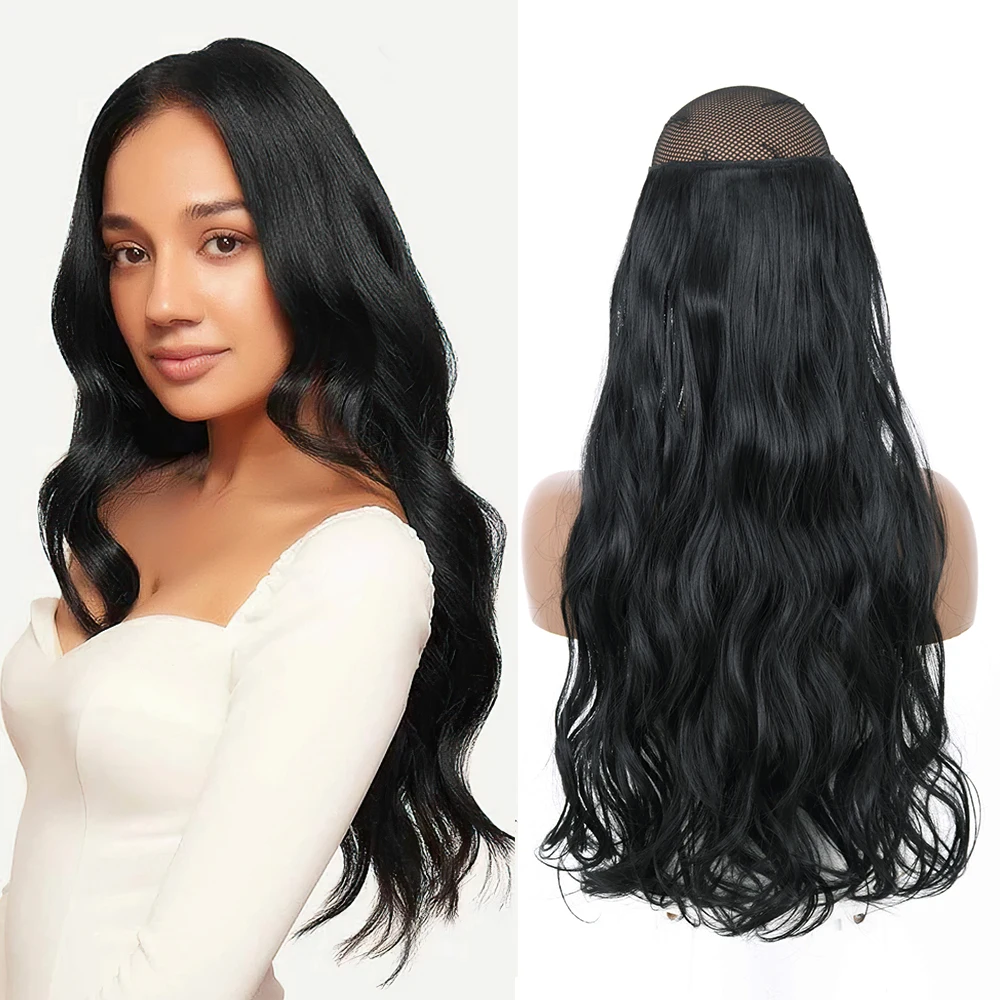 

Synthetic No Clip Invisible Hair Extensions Long Wavy Heat Resistant Hairpiece 22'' Fish Line Fake Hair Black For Women