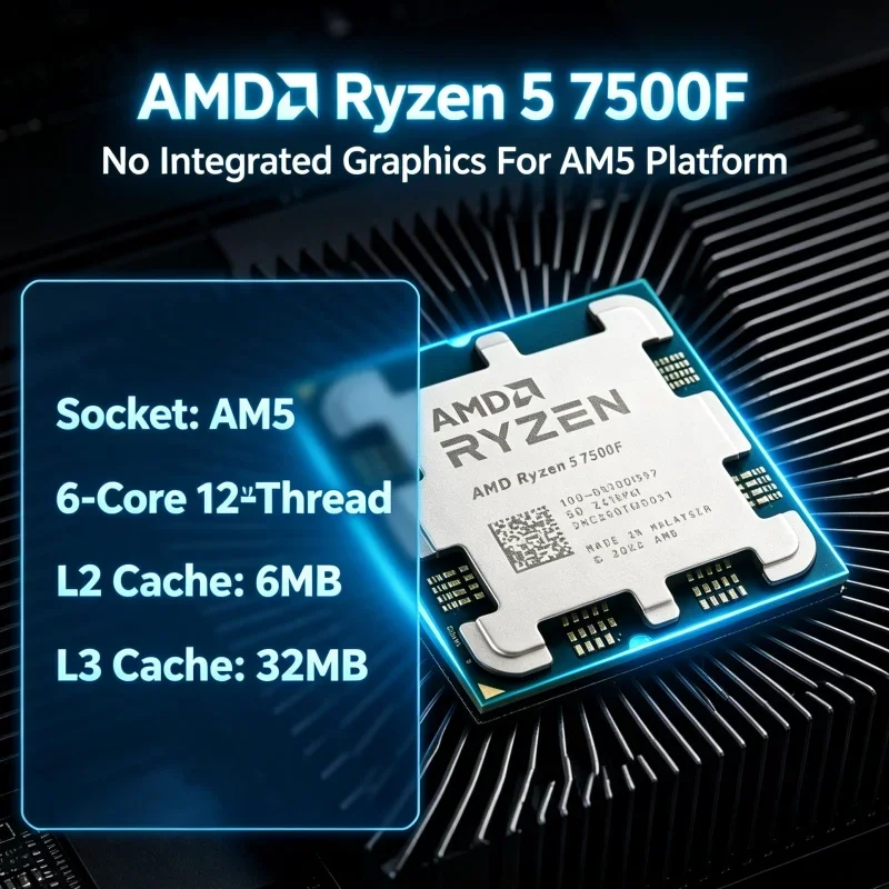 CPU AMD Ryzen 5 7500F Zen 4 5nm 6C12T 5.0GHz 32MB L3 AM5 Processor 2026 Model for Gaming Desktop