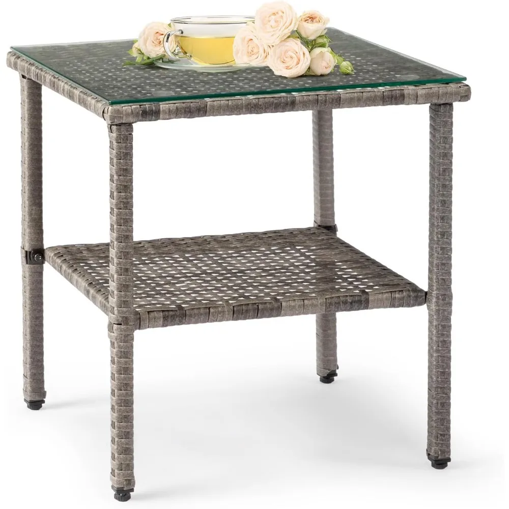 Outdoor Wicker Side Table with Tempered Glass Top and Storage for Patio Balcony Porch Deck