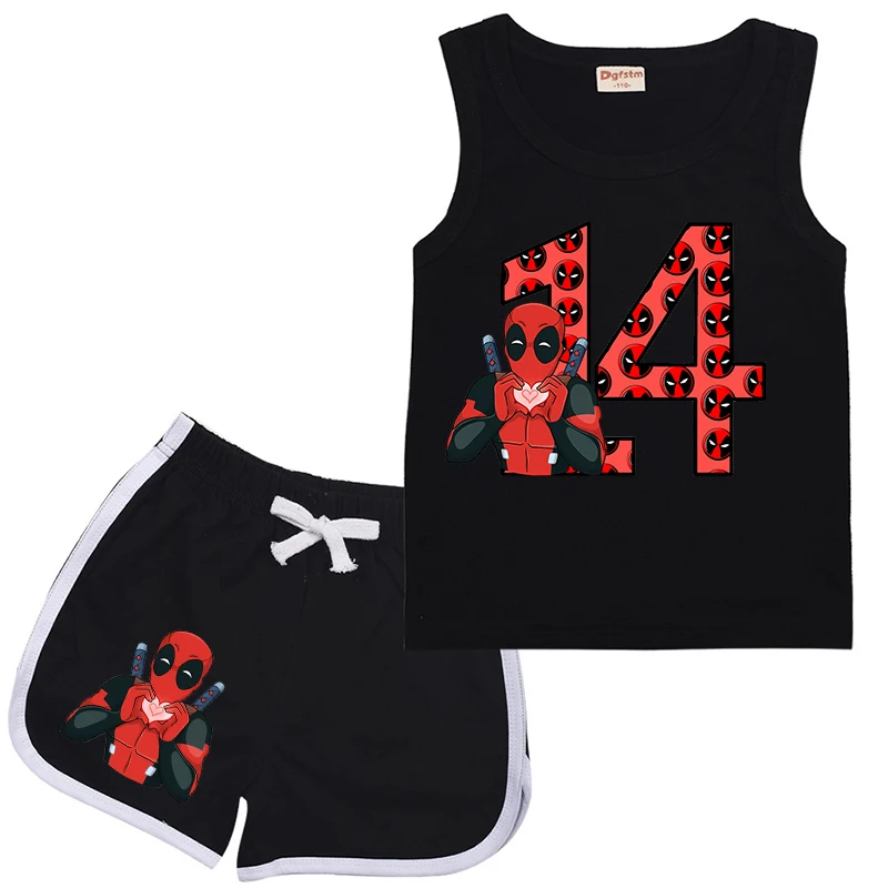 Children Sports Suit Deadpool Birthday Number 1-14 Kid Vest & Shorts Cartoons Casual Clothes Sleeveless for Girl Boy Sets