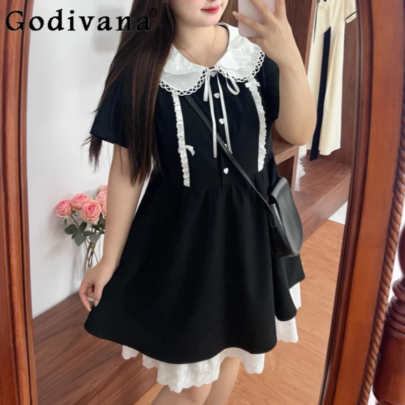 جديد كبير الحجم فتاة حلوة بيتر بان طوق الدانتيل متابعة القوس فستان موضة عالية الخصر ألف خط الحد من العمر فساتين يابانية متعددة الاستخدامات #1