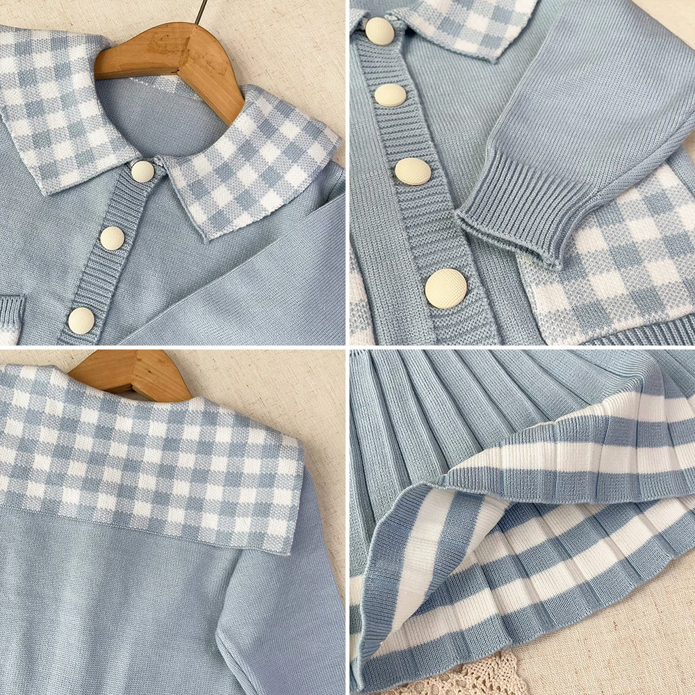 Koreanische Version Süße Niedliche Kinderkleidung Herbst und Winter Pullover-Sets Mädchenbekleidung Langärmliges Kariertes Oberteil + Kurzer Rock – Detail 10