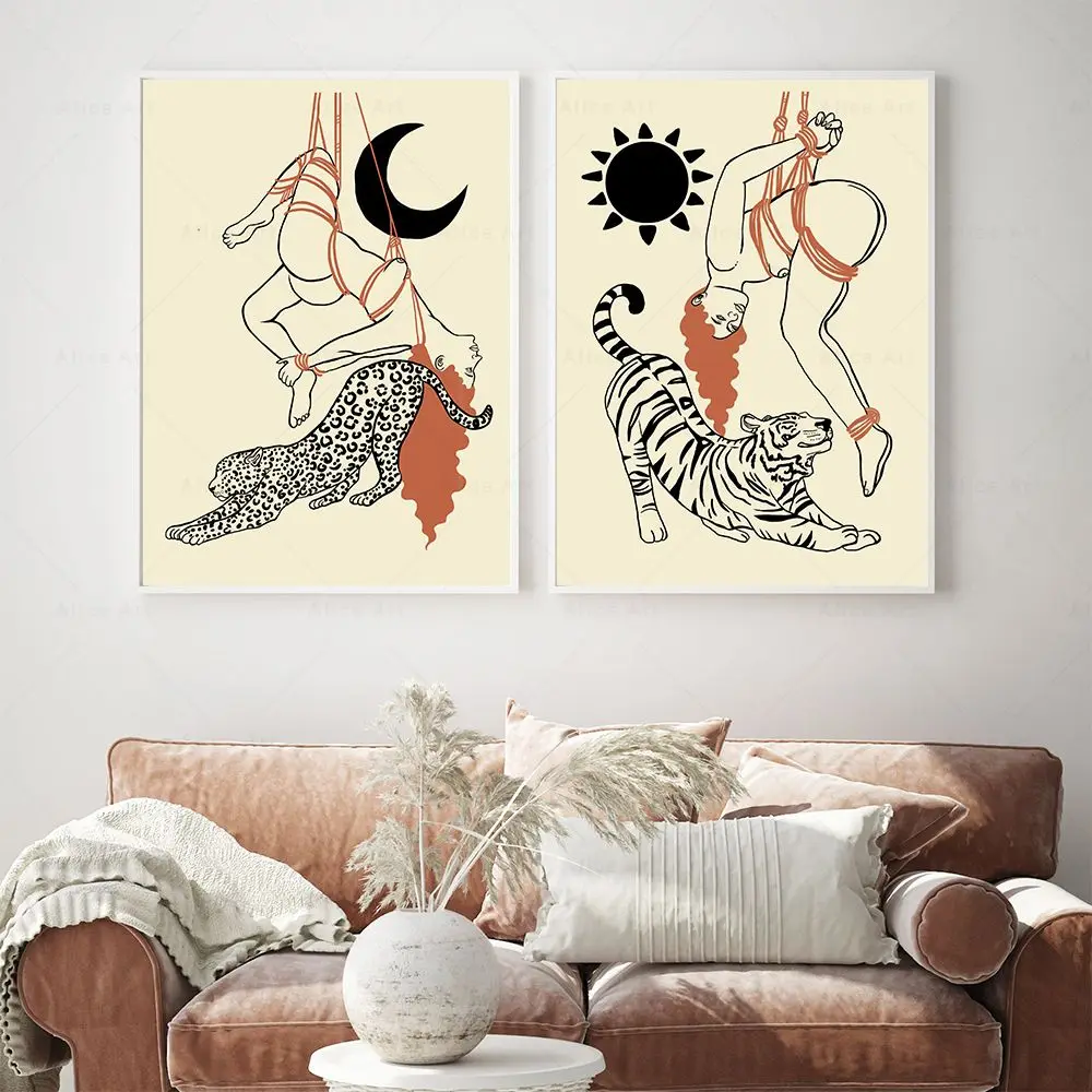 Sun Moon Shibari Art Prints Sexy Woman Nude Rope Bondage Leopard Poster Canvas Painting Wall Art Pictures for Bedroom Home Decor