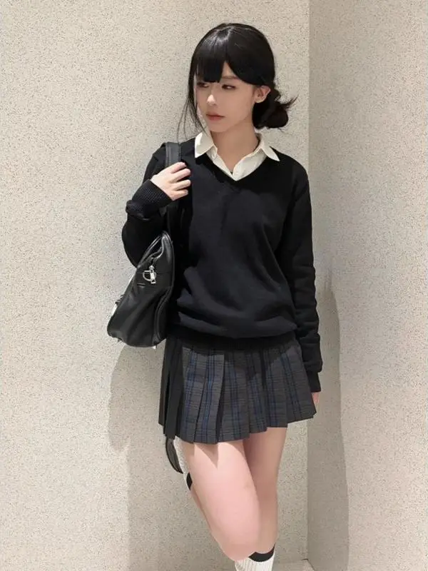 

Bla Long Sve V-Ne Вязаный жилет Свитер College Sle Многослойный женский Faion Осень Зима Faion Jk orm Топ