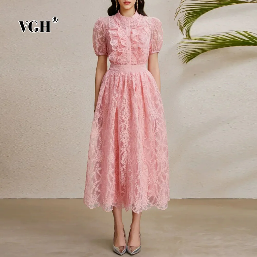

VGH Solid Cute Slimming Lace Folds Long Dresses For Women Round Neck Short Sleeve High Waist Temperament Dress Female Fashion