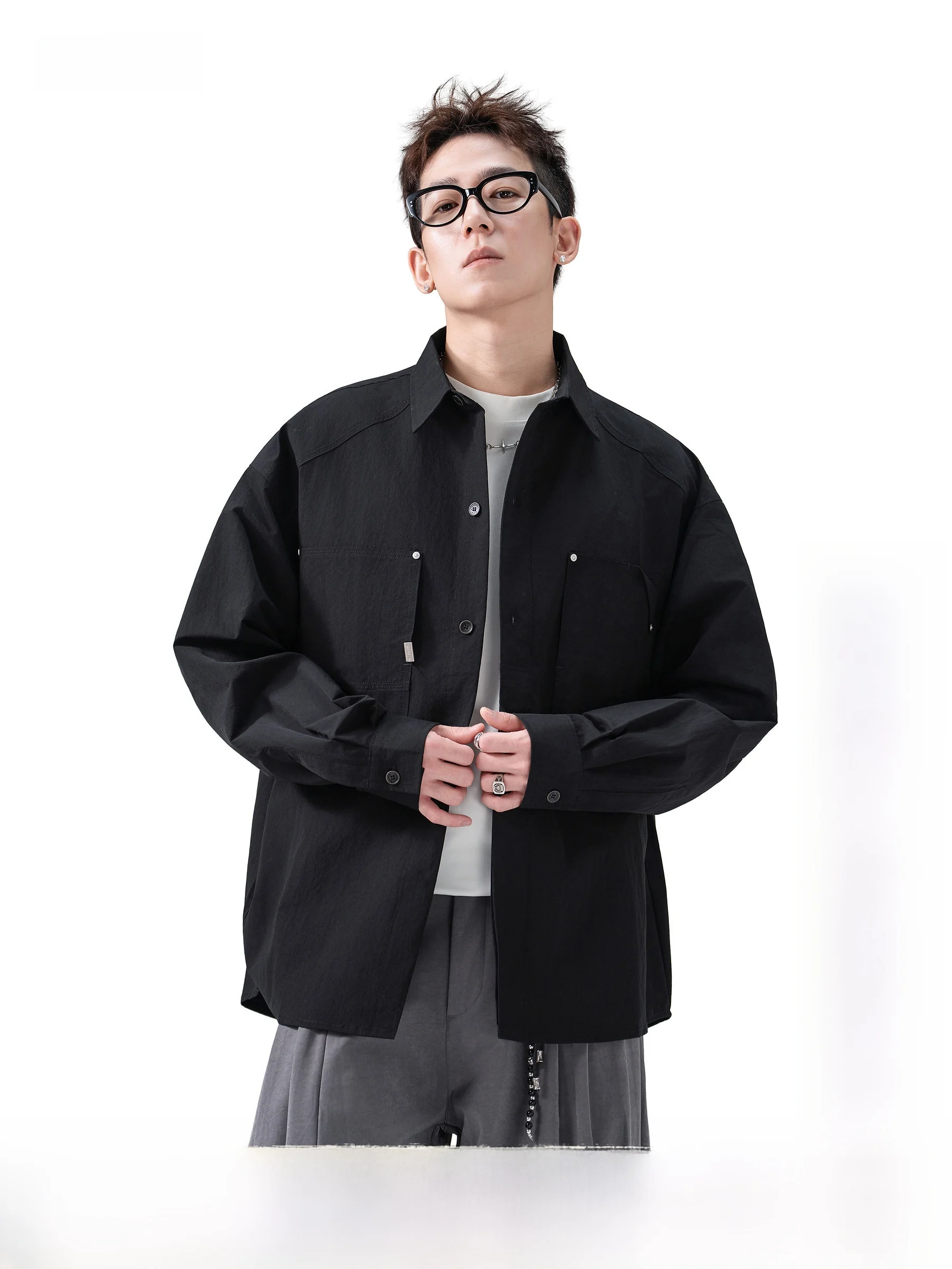 Loose Long Sleeve Collared Shirt Unisex Black Versatile Workwear Multi-Pocket Casual Style Polyester Fiber Breathable Comfort...