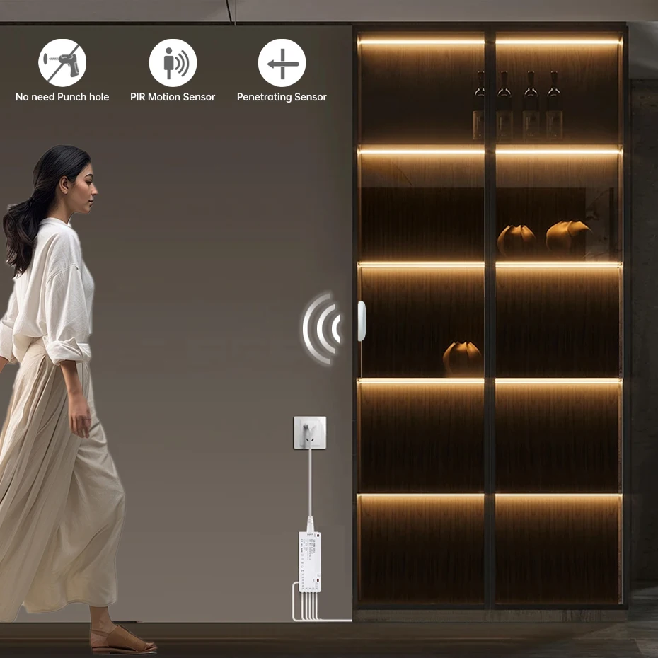 

24V Smart Penetrable Wood COB LED Strip PIR Motion Sensor Light 320LEDs/m Warm/Neutral White Kitchen Cabinet Backlight Lighting