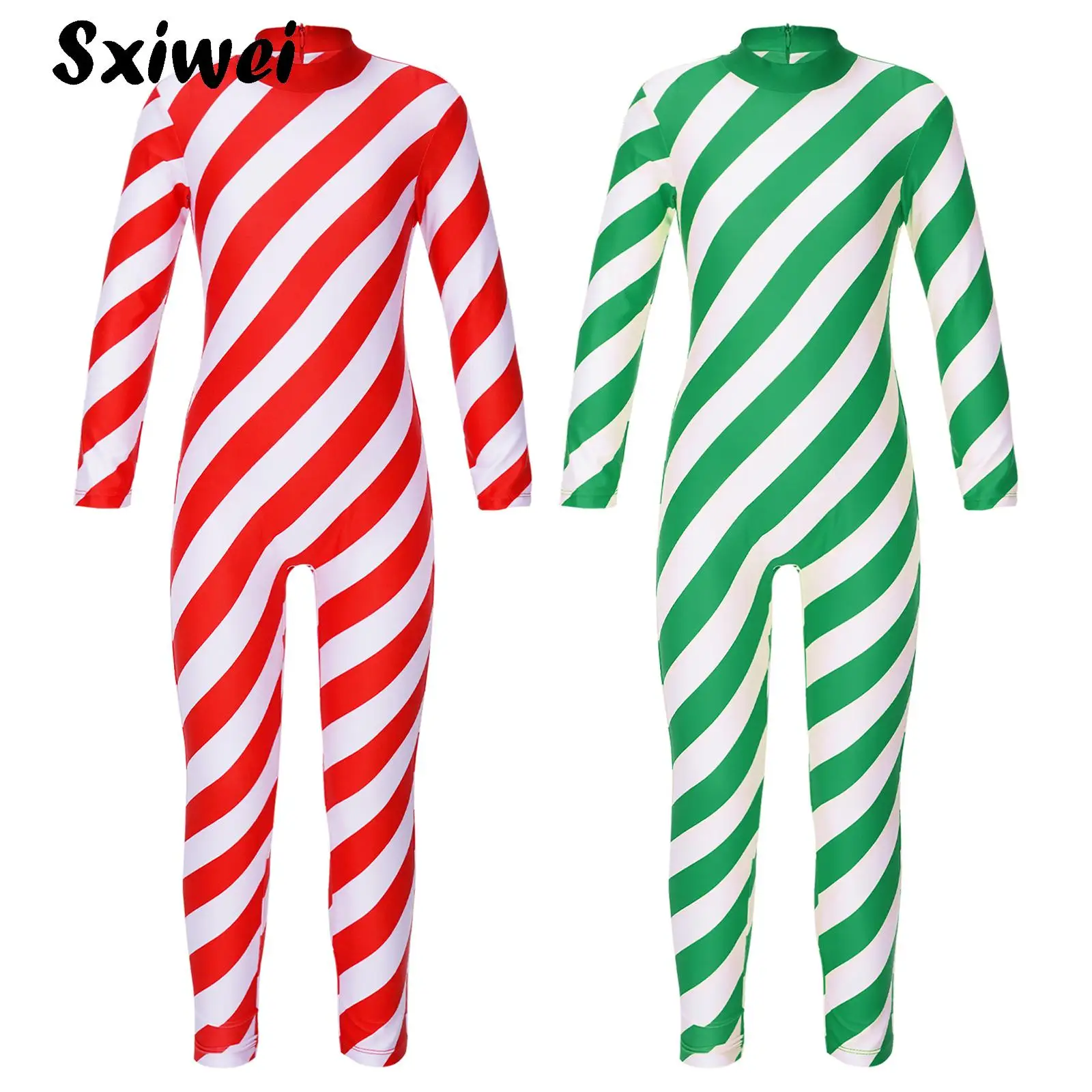

Girl Elf Rhythmic Gymnastics Shirt Christmas Candy Cane Striped Skating Jumpsuit Full Unitard Bodysuit Dance Performance Costume