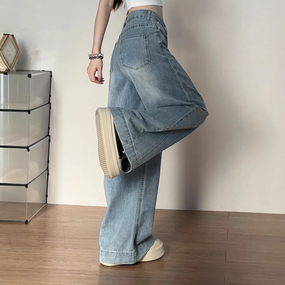 

Женские джинсы, широкие брюки в стиле ретро, новинка 2026, весна-осень, свободные прямые брюки, повседневные синие джинсовые брюки, брюки большого размера XS-3XL