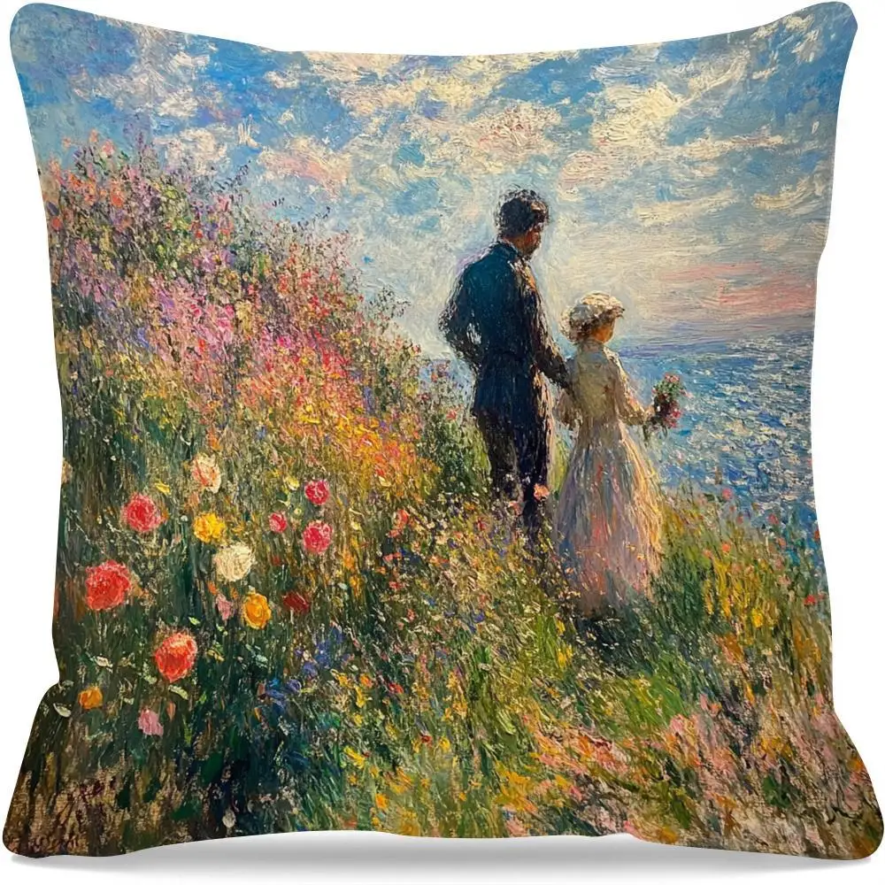 

Романтическая наволочка в стиле Моне, 1 шт., 18x18 дюймов, яркие цветы и сцена для пары, яркий полиэстер, двусторонний принт