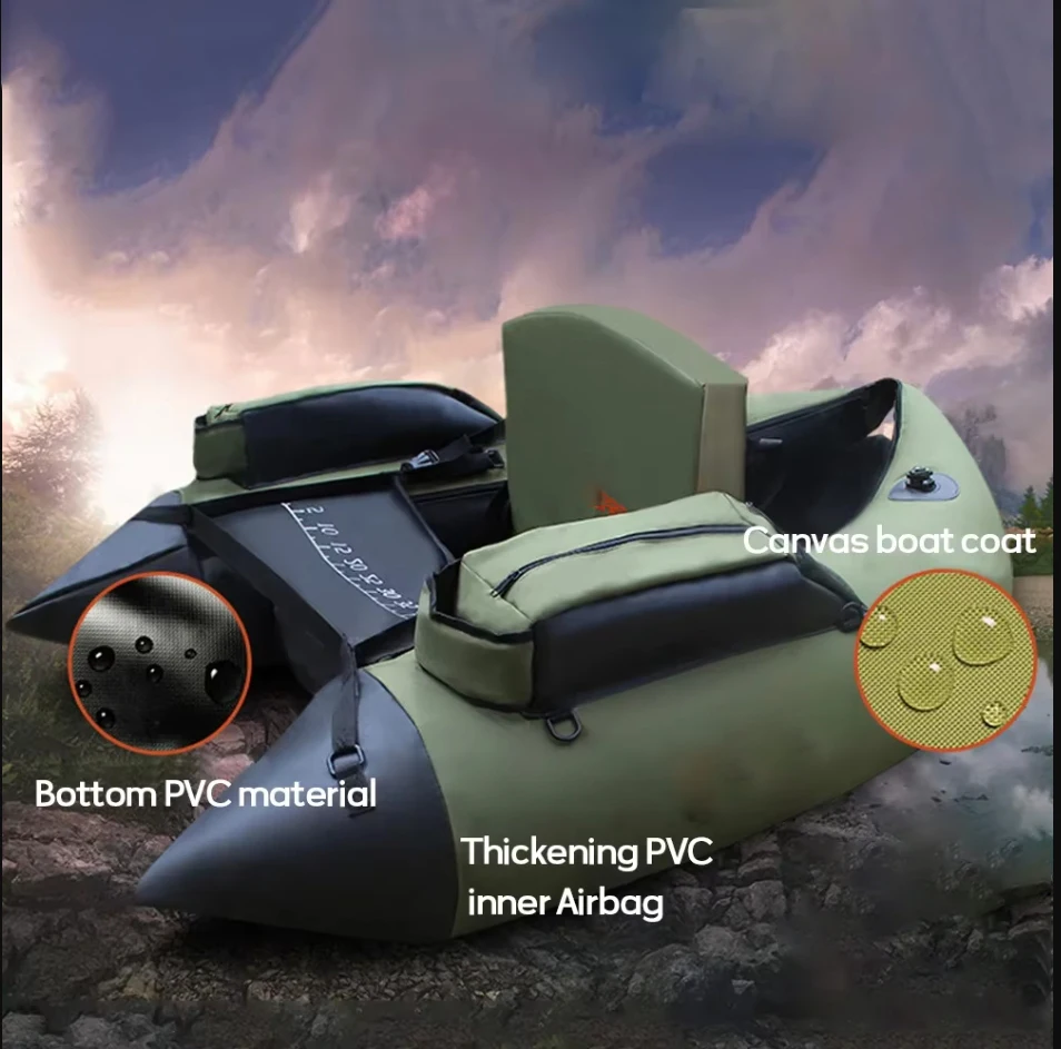 مجموعة قارب صيد محمولة قابلة للنفخ لشخص واحد، وسادة هوائية مزدوجة احترافية ذات طفو قوي وآمنة وعملية لصيد الأسماك والتجديف بالكاياك