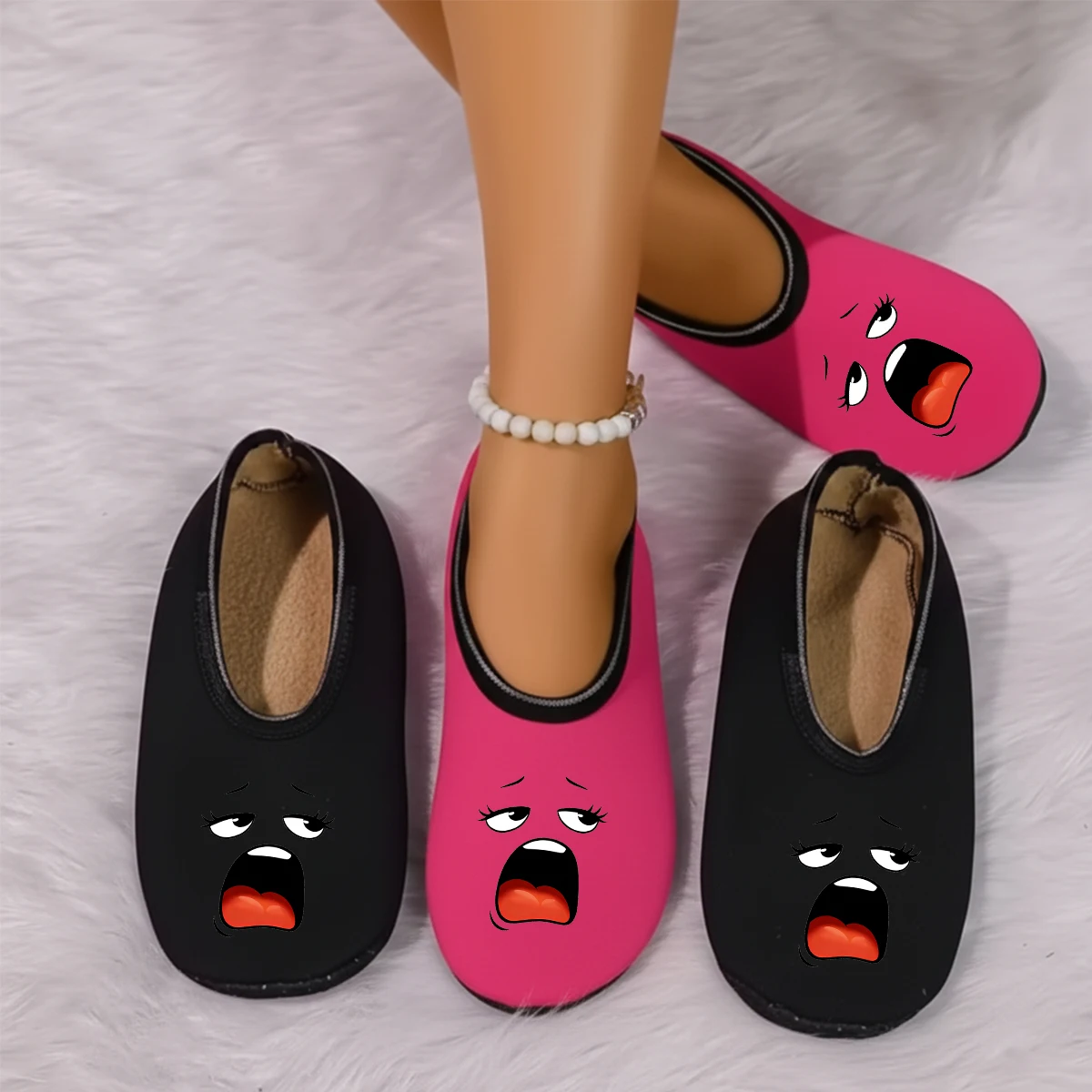 

Four season wearable couple cute expression printed suede breathable high elasticity home anti slip floor slippers