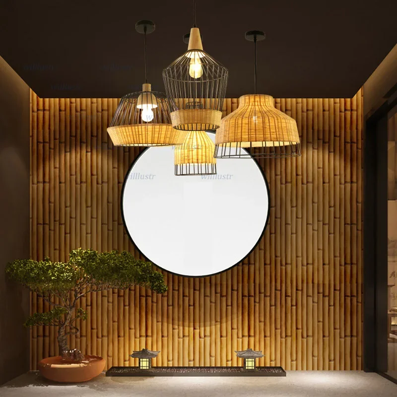 Retro Iron Ceiling Chandelier Hand Knitted Bamboo Pendant Lamp Hotel Cafe Club Lounge Dining Bedroom Suspension Hanging Light