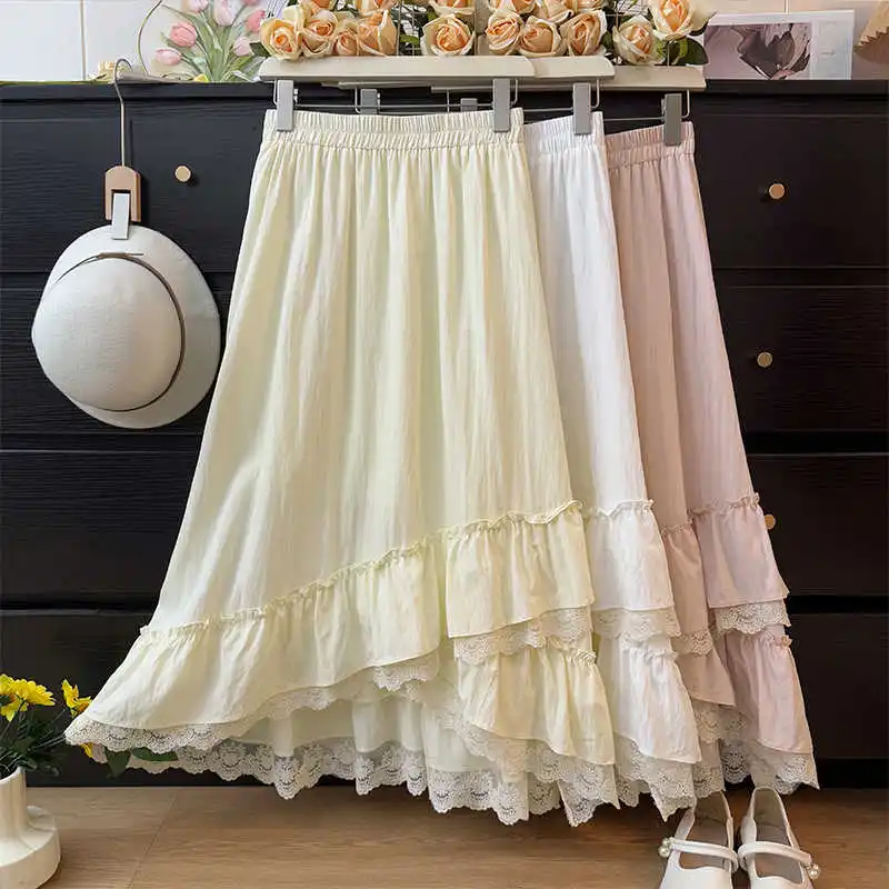 Women's Irregularity Ruffles Lace Splice Skirts 2025 Spring New Elastic High Waist Pleated Skirt Female Solid Mid Length Skirts