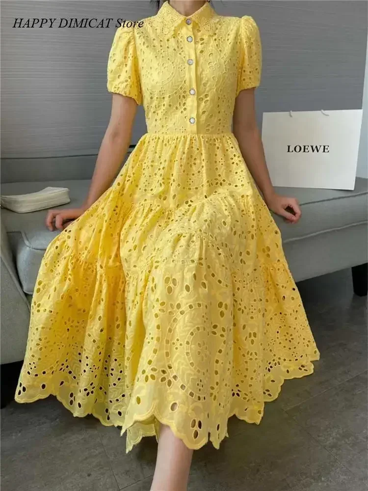 Sundress Boho แฟชั่นสาย Vestidos Elbise Frocks Vintage Elegant ผู้หญิงฤดูร้อนเย็บปักถักร้อย Hollow Out Midi ชุดยาว Lady