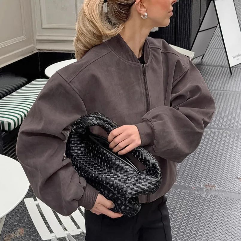 Chaqueta de cuero de ante para mujer, chaqueta Bomber Vintage de calle alta, cortavientos para primavera y otoño, ropa de moda para mujer, prendas de vestir exteriores