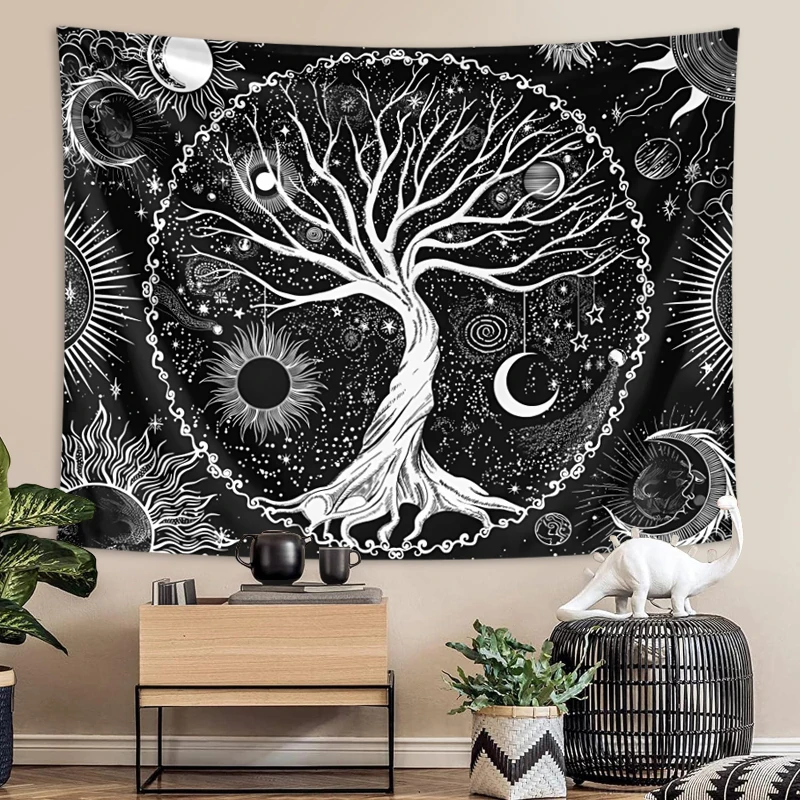 1pc Tree of Life tapestry wall hanging, sun, moon, stars black and white tapestry, Milky Way wall tapestry