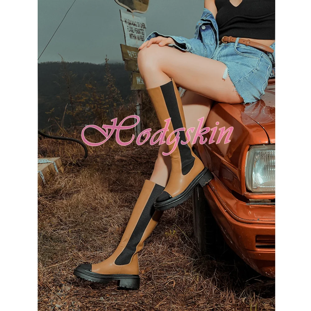 

Mixed Colors Knee High Boots Slip on Thick Soled Chunky Heels Patchwork Design Women Shoes Autumn Winter New Style Party Boots