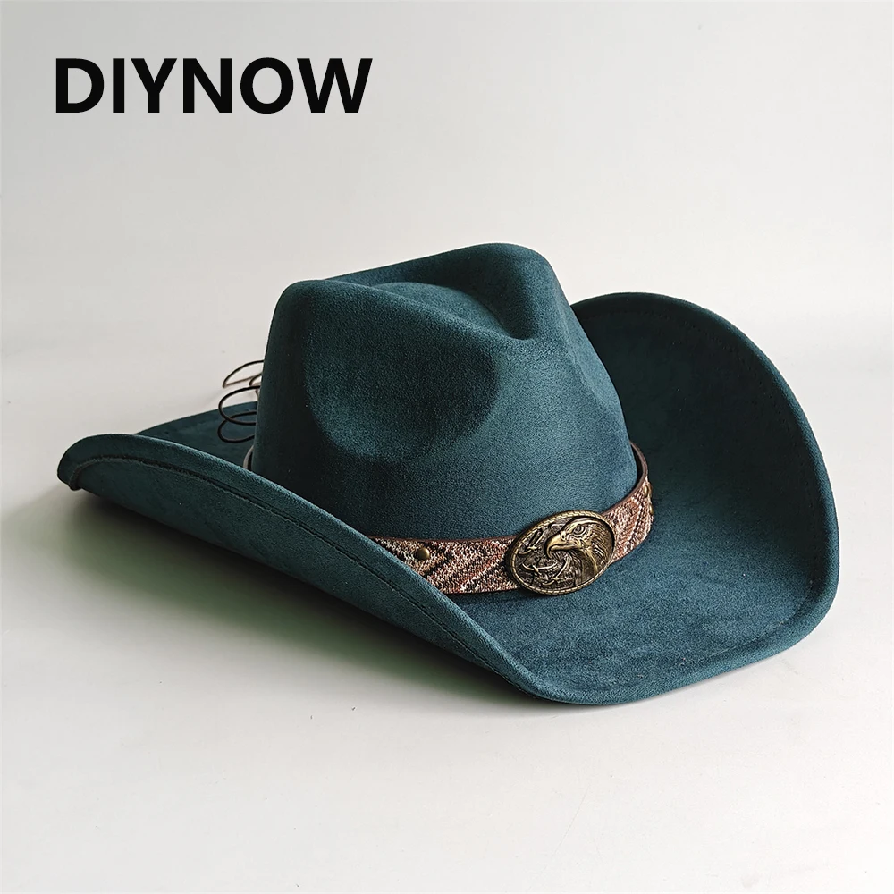 Teal Suede Cowboy Hat for Men Women Western Cowgirl Hat with Horse Head Concho Band Wide Brim Vintage Rodeo Festival Costume Hat