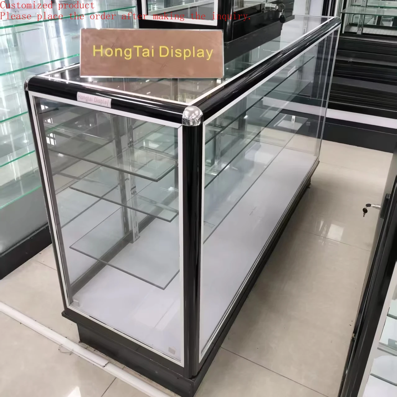 

Custom.Wholesale Customize Strong Tempered Glass Black Aluminum Frame Full Vision Shop Display Luxury Production Showcase Coun