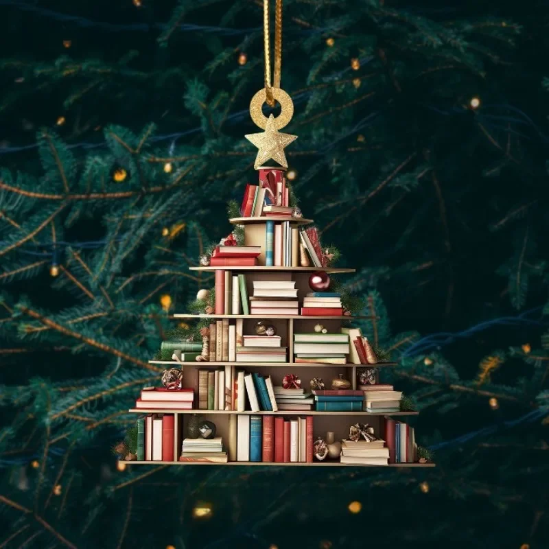 2D Acrylic Flat Printing Books Pendant Home Tree Window Hanging Decor Gift For Book Lovers Creative Book Christmas Tree Ornament