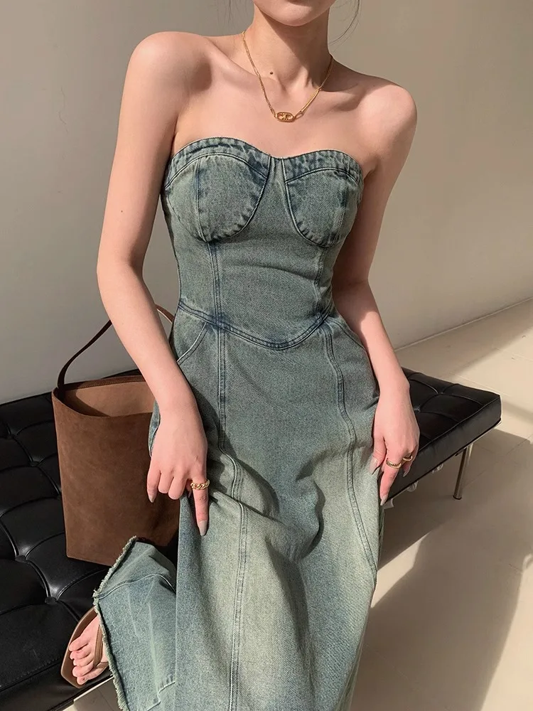 American Retro High-End Denim Dress, Women'S Top Design, Versatile And Unique Slim Fitting Long Skirt