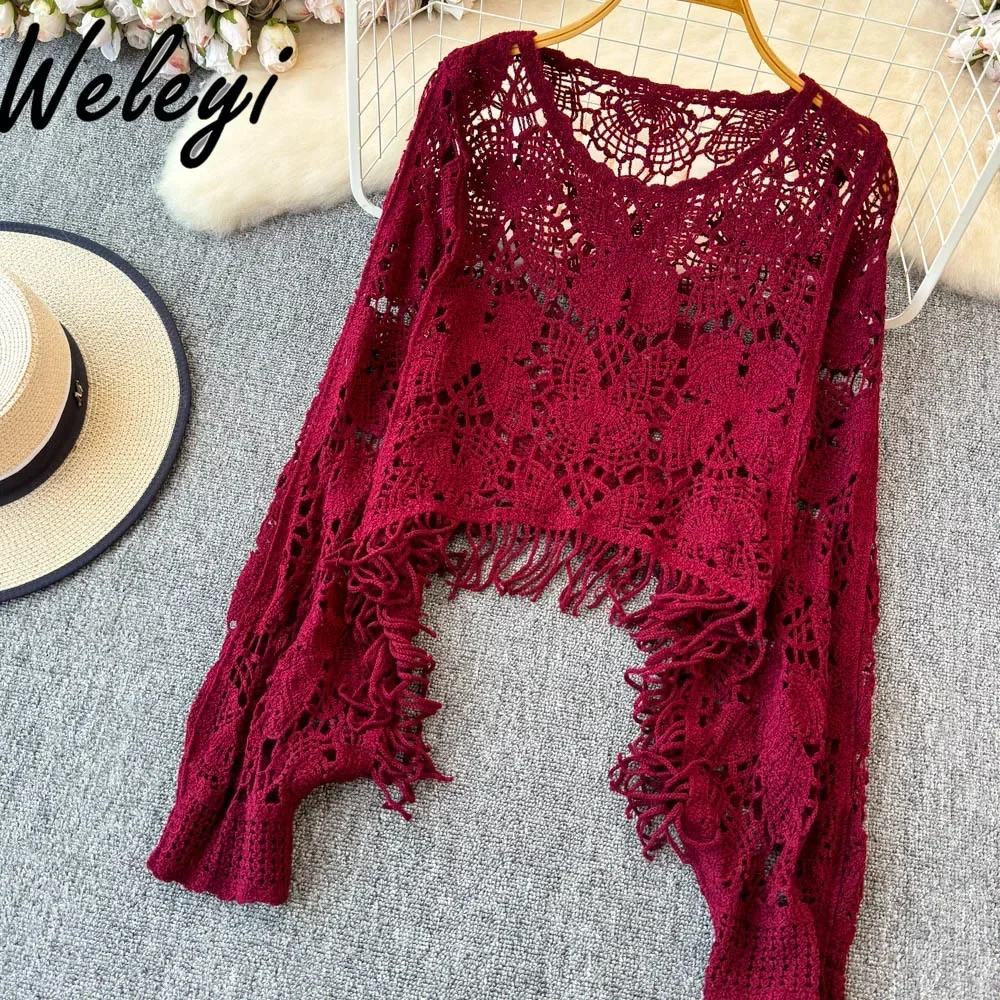 

Beautiful Wine Red Hollow-out Knitted Shirt for Women 2024 Early Autumn New French Women's Long Sleeve Fringed Knitting Tops