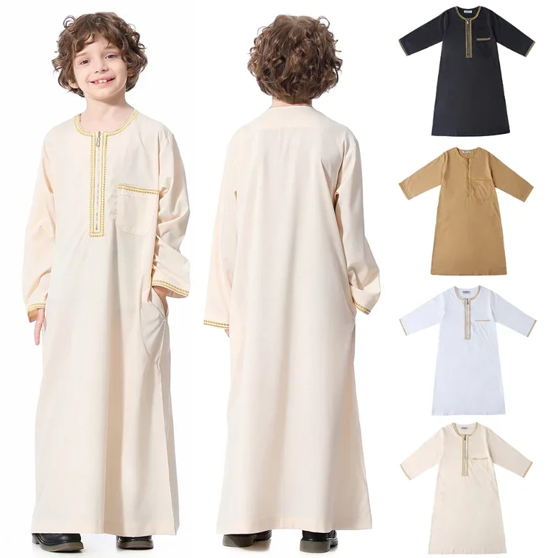 Muslim Boy Robe Round Neck Embroidered Long-sleeved Dress Gown Saudi Arabia Abaya Kaftan Juba Tobe Islamic Clothing