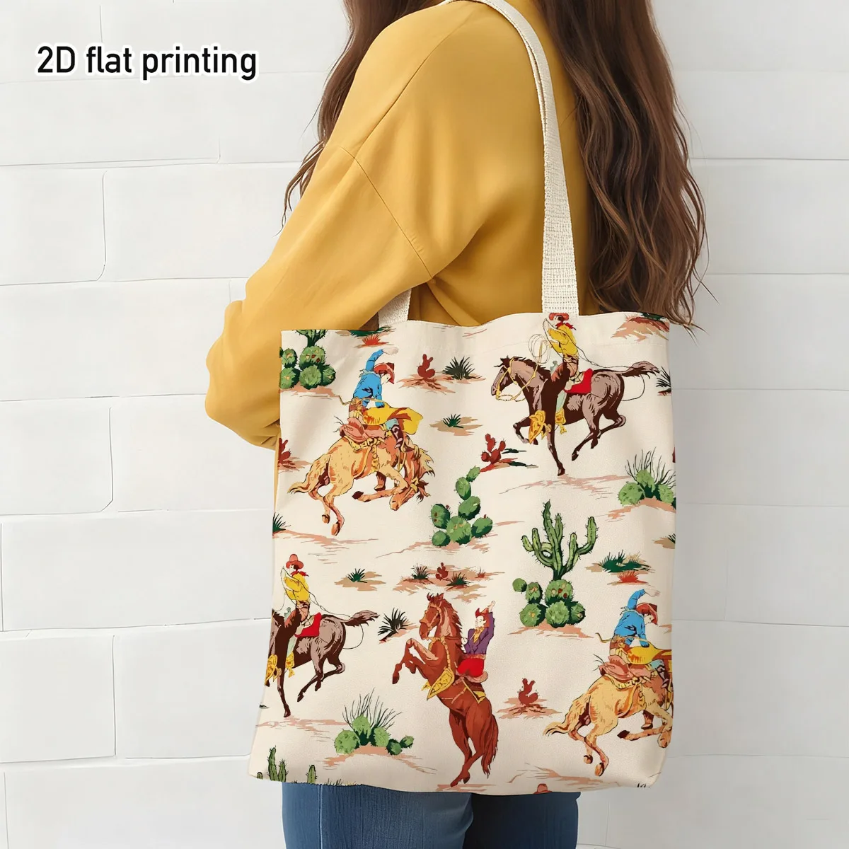Western Cowboy Horse Cactus Tote Bag - Vintage Wild West Rodeo Print, Durable Suitable for Grocery Shopping, Picnic Outings Bag