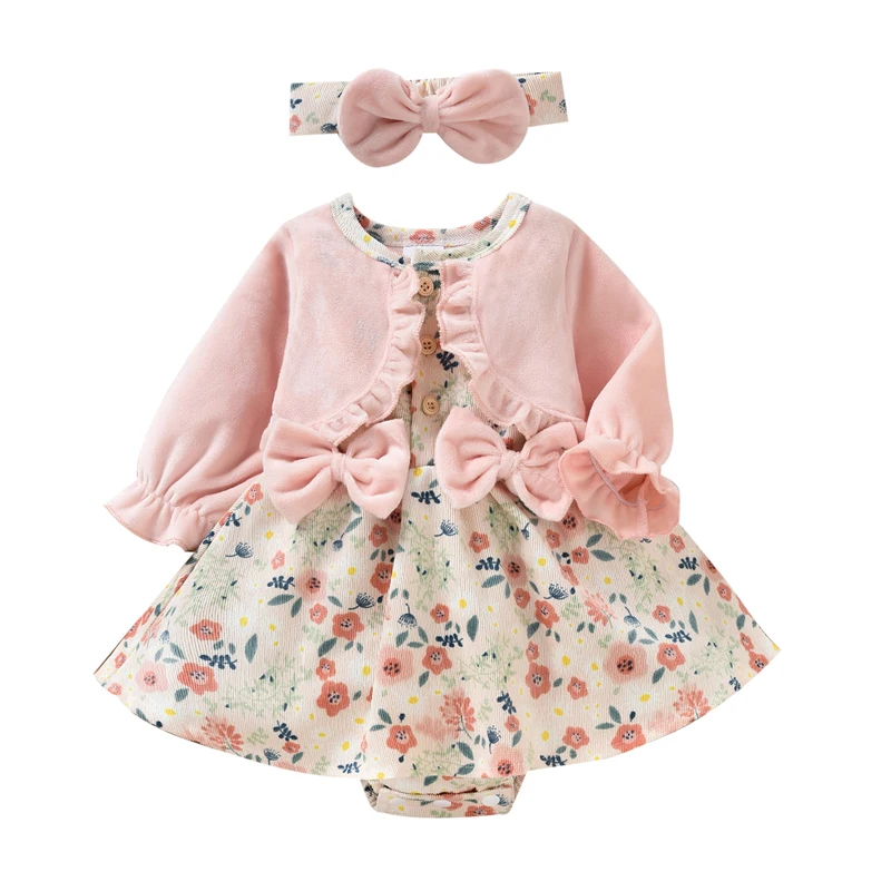 

Newborn Girl Casual Romper Outfits Long Sleeve Floral Printed Patchwork Dress Style Playsuit Bow-Knot Decor Headband Set