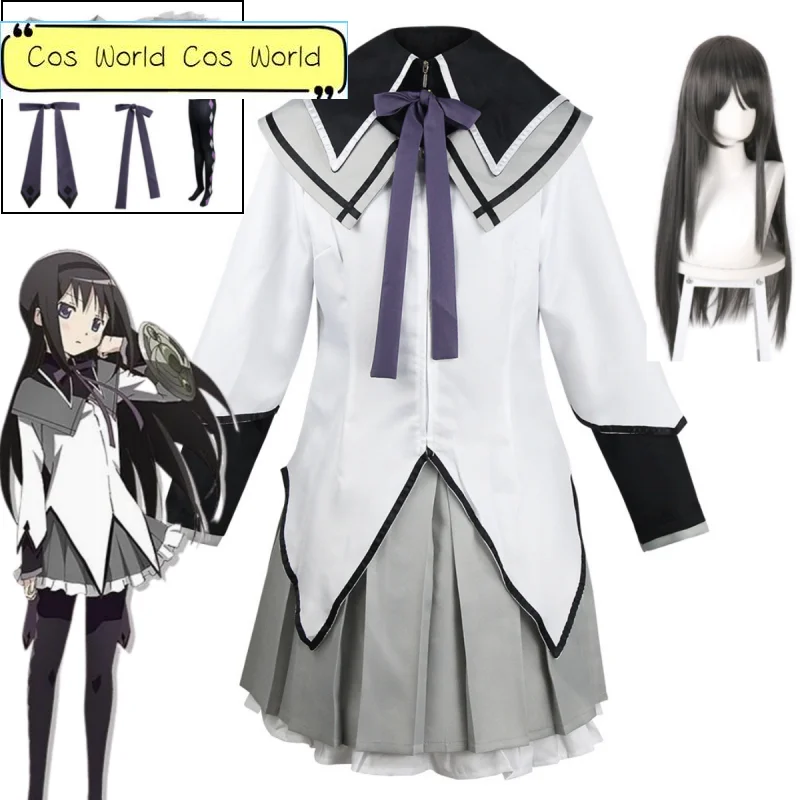 

Ainime Akemi Homura Cosplay Puella Magi Madoka Magica Cosplay Bow Wig Halloween Party Uniform Combat Dress Jk Dress