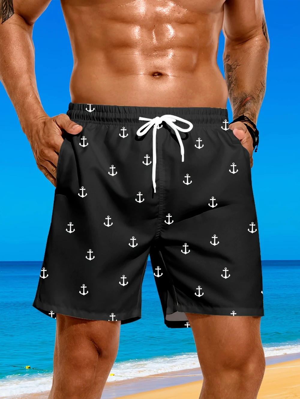 

Men's Casual Beach Shorts With Drawstring Pockets Anchor Pattern Light Breathable Swimming Surfing Summer Travel Nautical Theme