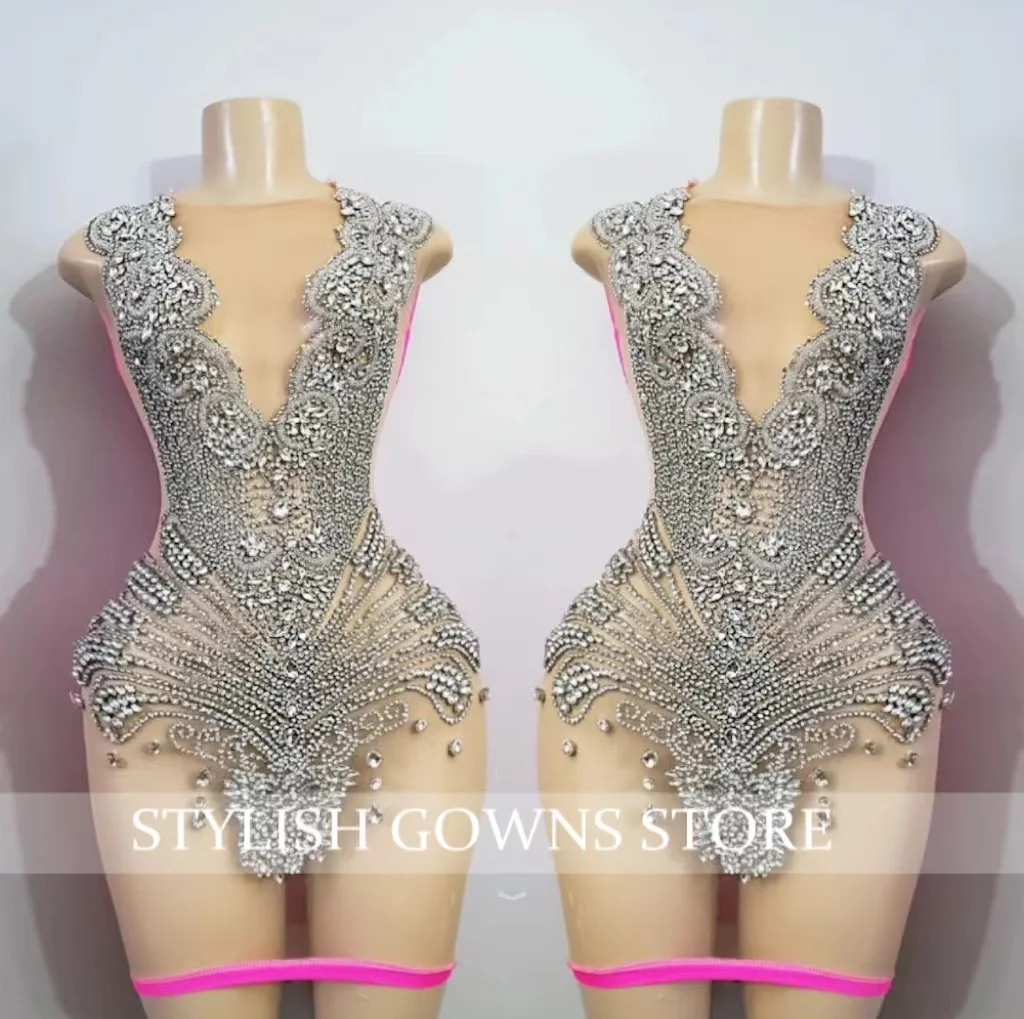 Sparkly O N Short Prom Dresses Bead Crystal Rhinestone Dress Birthday Party Gowns See Through Formal Gown Cocktail Customized